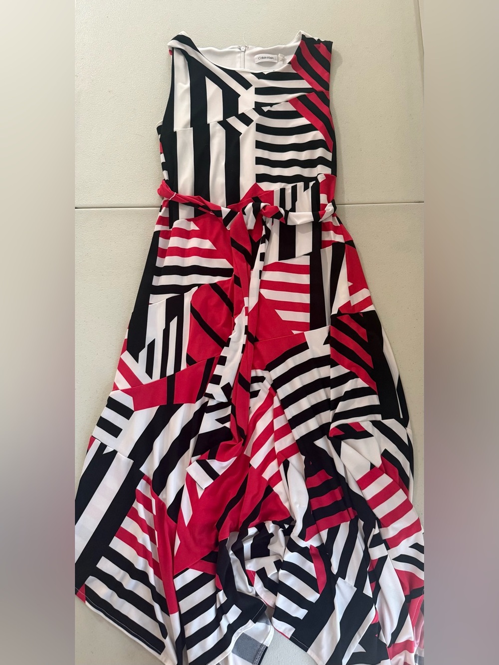 Calvin Klein Red, Black & White Geometric Stripe Dress